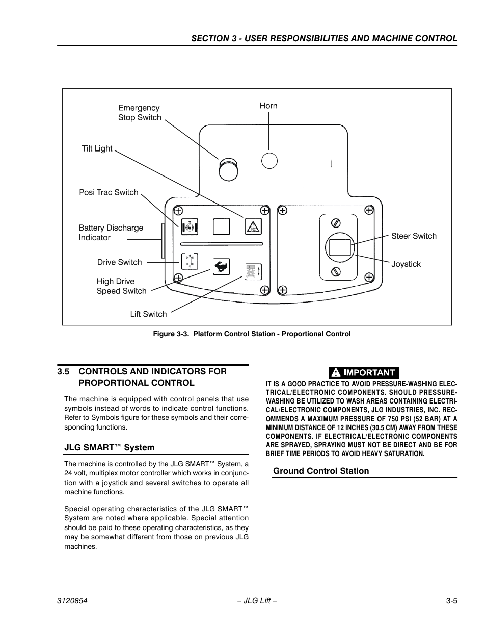 5 controls and indicators for proportional control, Jlg smart™ system, Ground control station | Platform control station - proportional control -5 | JLG 3246E2 Operator Manual User Manual | Page 25 / 46