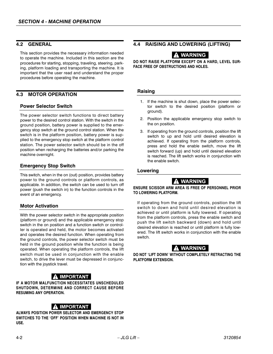 2 general, 3 motor operation, Power selector switch | Emergency stop switch, Motor activation, 4 raising and lowering (lifting), Raising, Lowering, General -2, Motor operation -2 | JLG 3246E2 Operator Manual User Manual | Page 38 / 46
