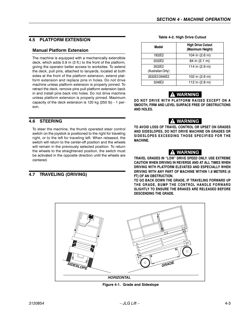 5 platform extension, Manual platform extension, 6 steering | 7 traveling (driving), Platform extension -3, Steering -3, Traveling (driving) -3, Grade and sideslope -3, High drive cutout -3 | JLG 3246E2 Operator Manual User Manual | Page 39 / 46