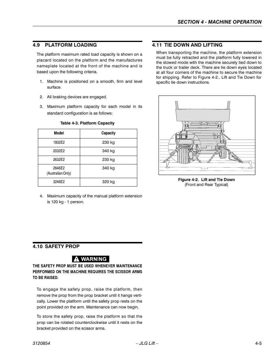 9 platform loading, 10 safety prop, 11 tie down and lifting | Platform loading -5, Safety prop -5, Tie down and lifting -5, Lift and tie down -5, Platform capacity -5 | JLG 3246E2 Operator Manual User Manual | Page 41 / 46