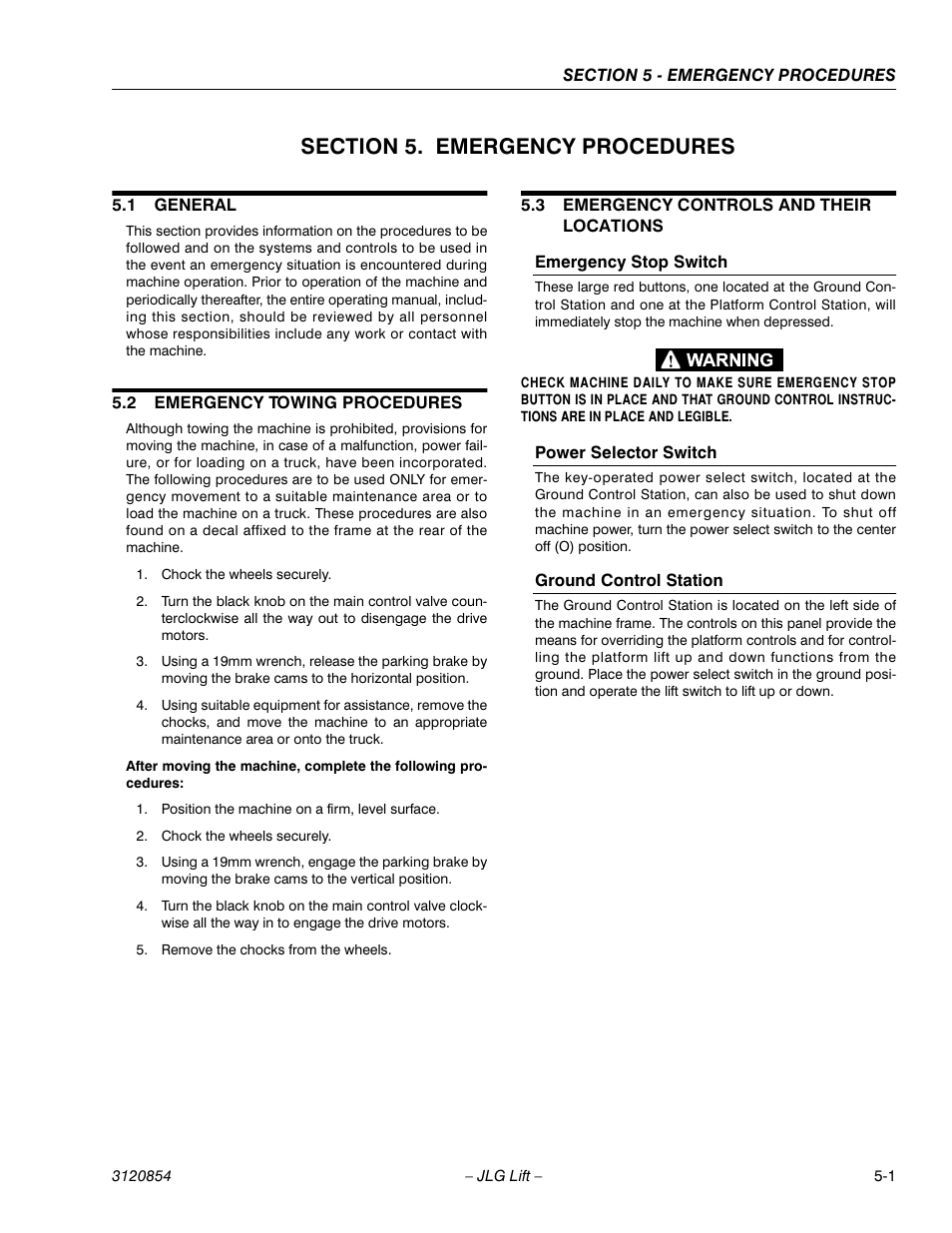 Section 5. emergency procedures, 1 general, 2 emergency towing procedures | 3 emergency controls and their locations, Emergency stop switch, Power selector switch, Ground control station, Section 5 - emergency procedures, General -1, Emergency towing procedures -1 | JLG 3246E2 Operator Manual User Manual | Page 43 / 46