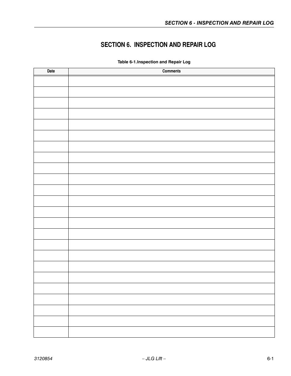 Section 6. inspection and repair log, Section 6 - inspection and repair log, Inspection and repair log -1 | JLG 3246E2 Operator Manual User Manual | Page 45 / 46