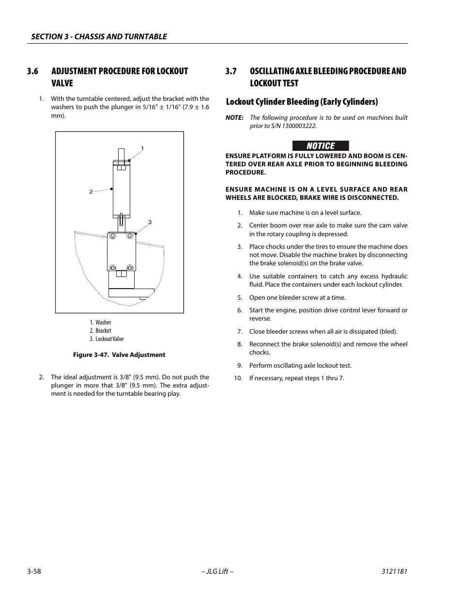 6 adjustment procedure for lockout valve, Lockout cylinder bleeding (early cylinders), Adjustment procedure for lockout valve -58 | Lockout cylinder bleeding (early cylinders) -58, Valve adjustment -58 | JLG 510AJ Service Manual User Manual | Page 100 / 402