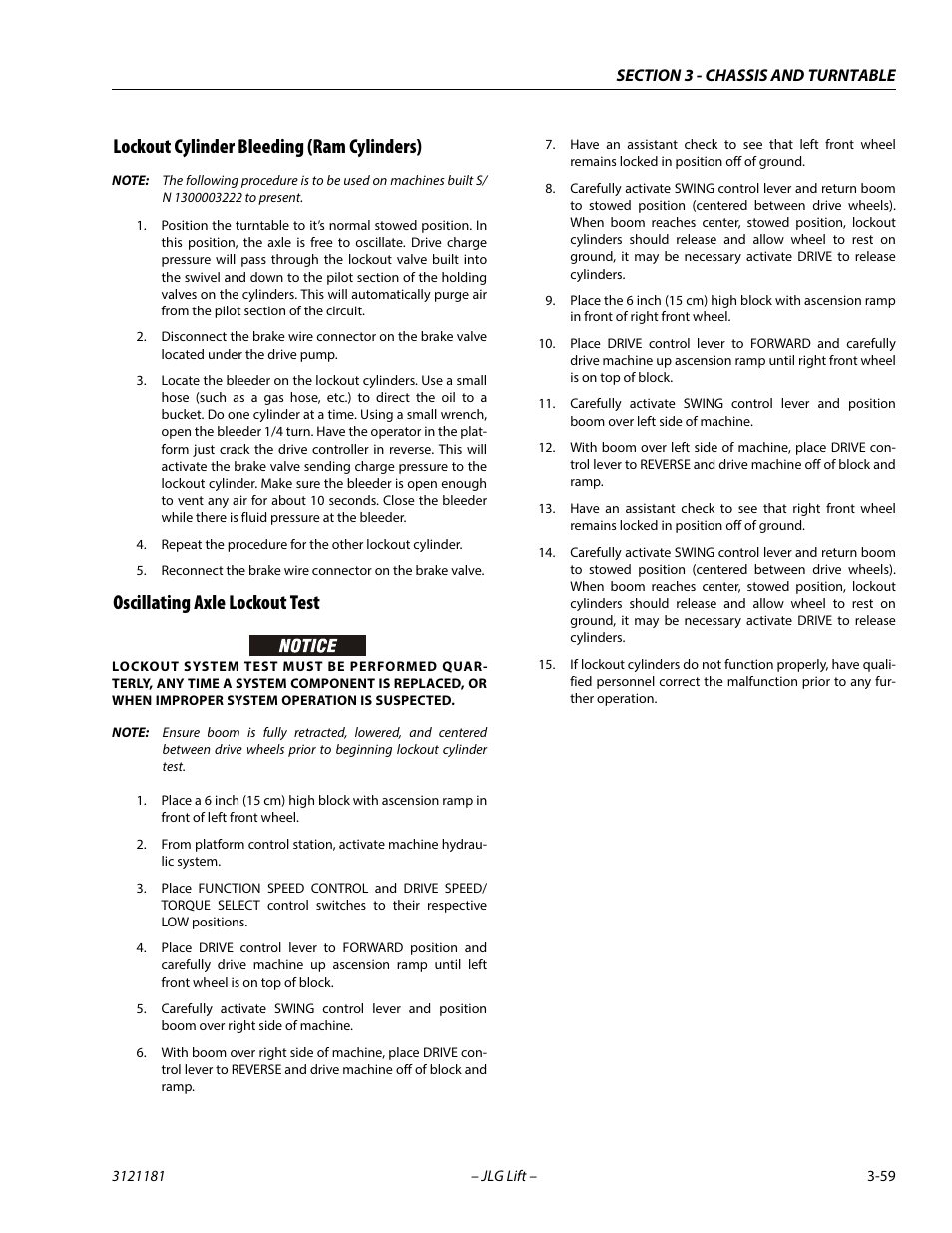 Lockout cylinder bleeding (ram cylinders), Oscillating axle lockout test | JLG 510AJ Service Manual User Manual | Page 101 / 402