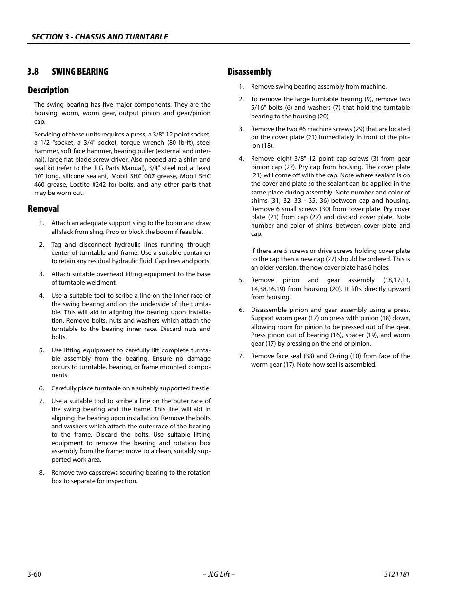 8 swing bearing, Description, Removal | Disassembly, Swing bearing -60, Description -60 removal -60 disassembly -60, 8 swing bearing description | JLG 510AJ Service Manual User Manual | Page 102 / 402