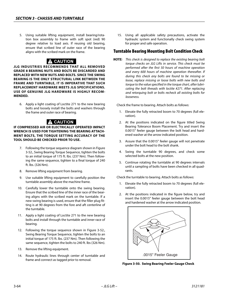 Turntable bearing mounting bolt condition check, Swing bearing feeler gauge check -64 | JLG 510AJ Service Manual User Manual | Page 106 / 402