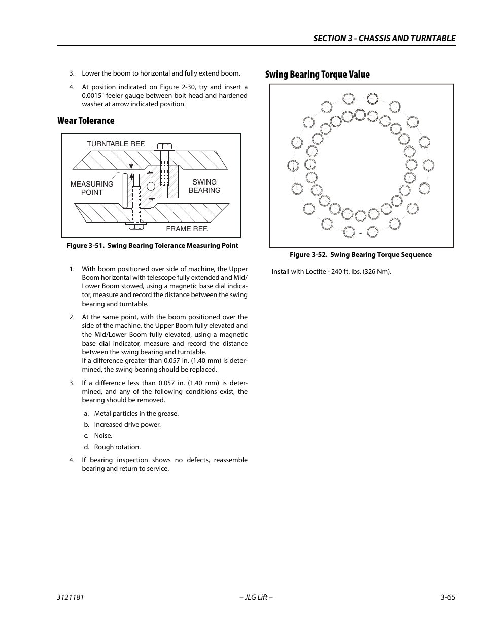 Wear tolerance, Swing bearing torque value, Wear tolerance -65 swing bearing torque value -65 | Swing bearing tolerance measuring point -65, Swing bearing torque sequence -65 | JLG 510AJ Service Manual User Manual | Page 107 / 402
