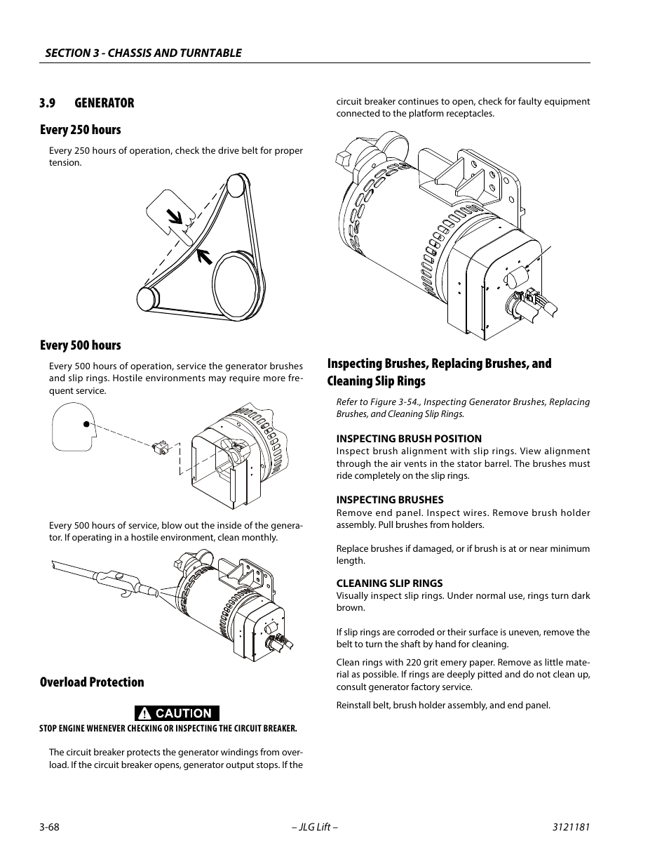 9 generator, Every 250 hours, Every 500 hours | Overload protection, Generator -68, 1/2 in. (13 mm), 9 generator every 250 hours | JLG 510AJ Service Manual User Manual | Page 110 / 402