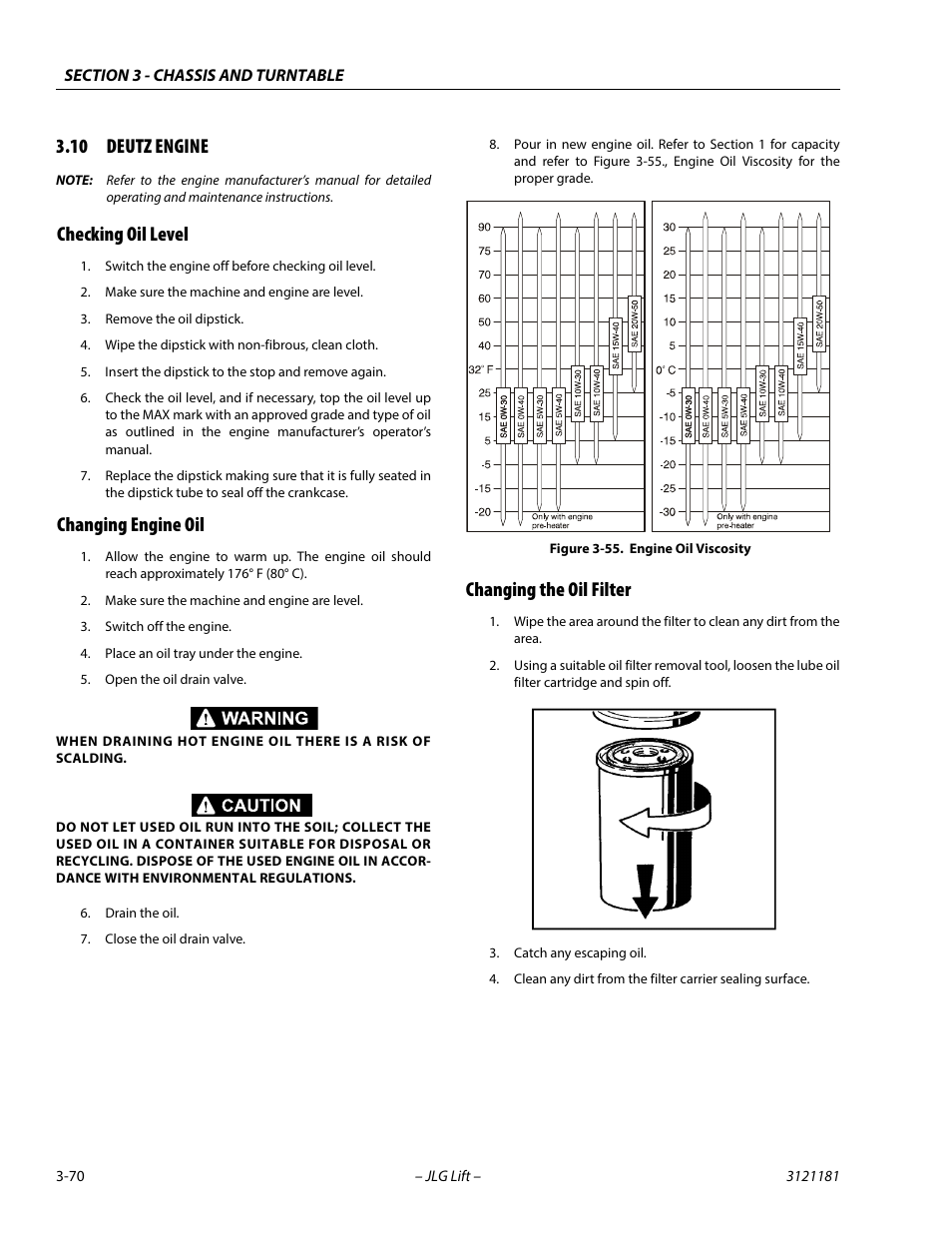 10 deutz engine, Checking oil level, Changing engine oil | Changing the oil filter, Deutz engine -70, Engine oil viscosity -70 | JLG 510AJ Service Manual User Manual | Page 112 / 402