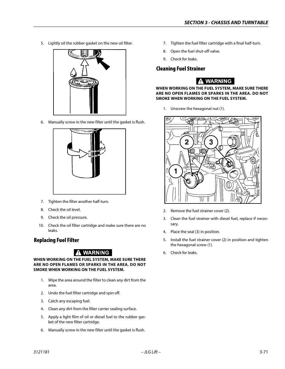 Replacing fuel filter, Cleaning fuel strainer | JLG 510AJ Service Manual User Manual | Page 113 / 402