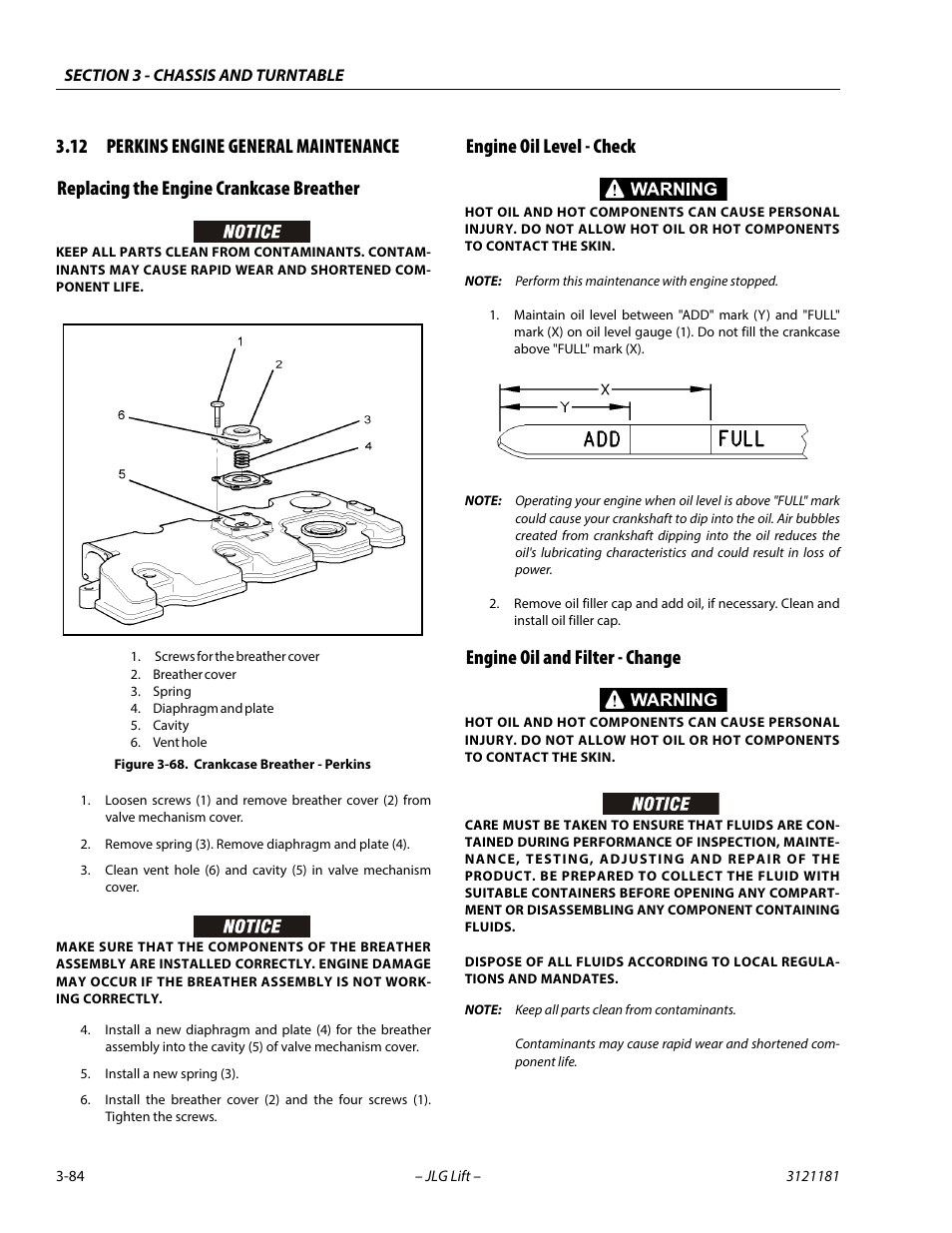 12 perkins engine general maintenance, Replacing the engine crankcase breather, Engine oil level - check | Engine oil and filter - change, Perkins engine general maintenance -84, Crankcase breather - perkins -84 | JLG 510AJ Service Manual User Manual | Page 126 / 402