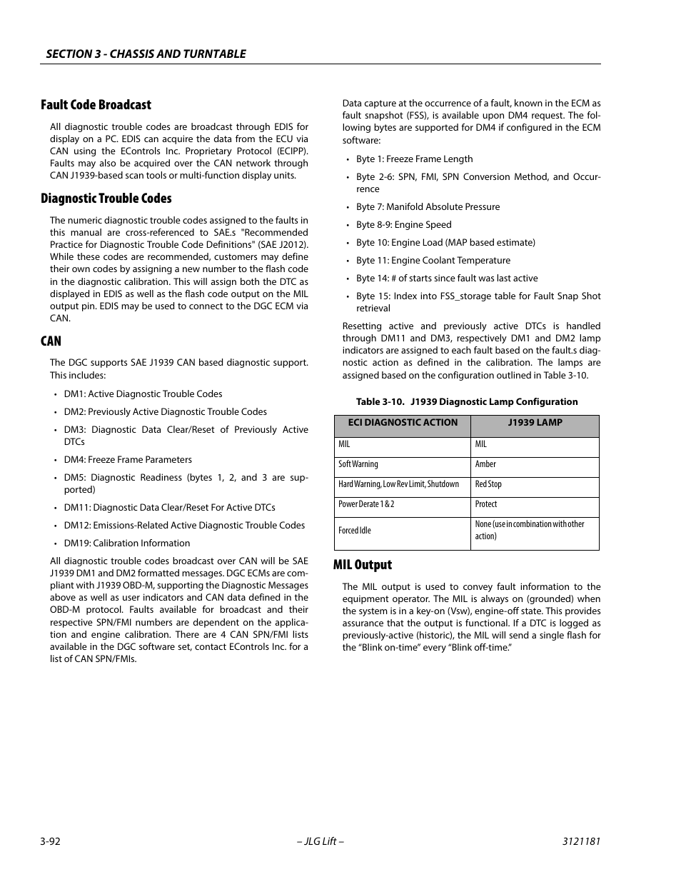 Fault code broadcast, Diagnostic trouble codes, Mil output | J1939 diagnostic lamp configuration -92 | JLG 510AJ Service Manual User Manual | Page 134 / 402