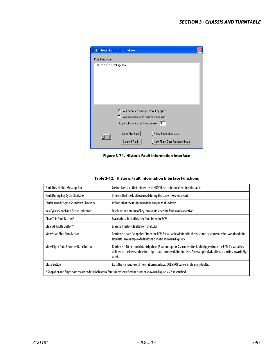 Historic fault information interface -97, Historic fault information interface functions -97, Figure 3-74 | Data. table 3-12 | JLG 510AJ Service Manual User Manual | Page 139 / 402