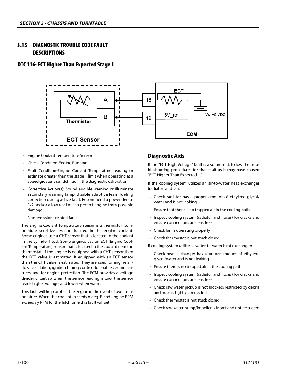 15 diagnostic trouble code fault descriptions, Dtc 116- ect higher than expected stage 1, Diagnostic trouble code fault descriptions -100 | Dtc 116- ect higher than expected stage 1 -100 | JLG 510AJ Service Manual User Manual | Page 142 / 402