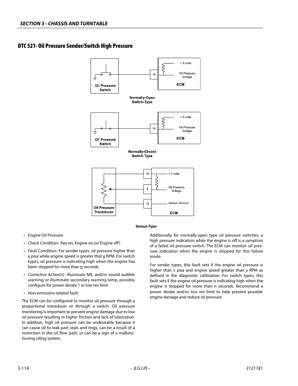 Dtc 521- oil pressure sender/switch high pressure | JLG 510AJ Service Manual User Manual | Page 156 / 402