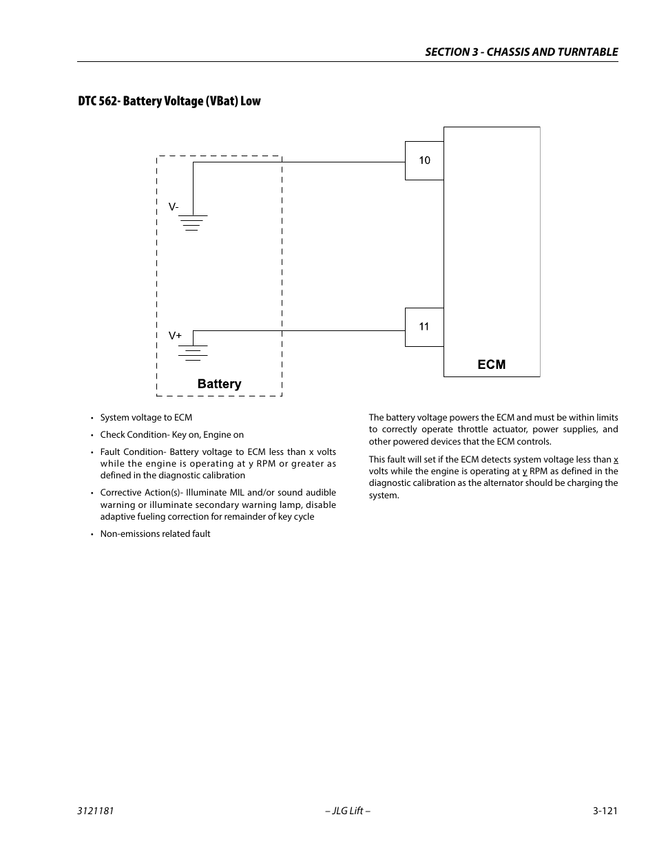 Dtc 562- battery voltage (vbat) low, Dtc 562- battery voltage (vbat) low -121 | JLG 510AJ Service Manual User Manual | Page 163 / 402