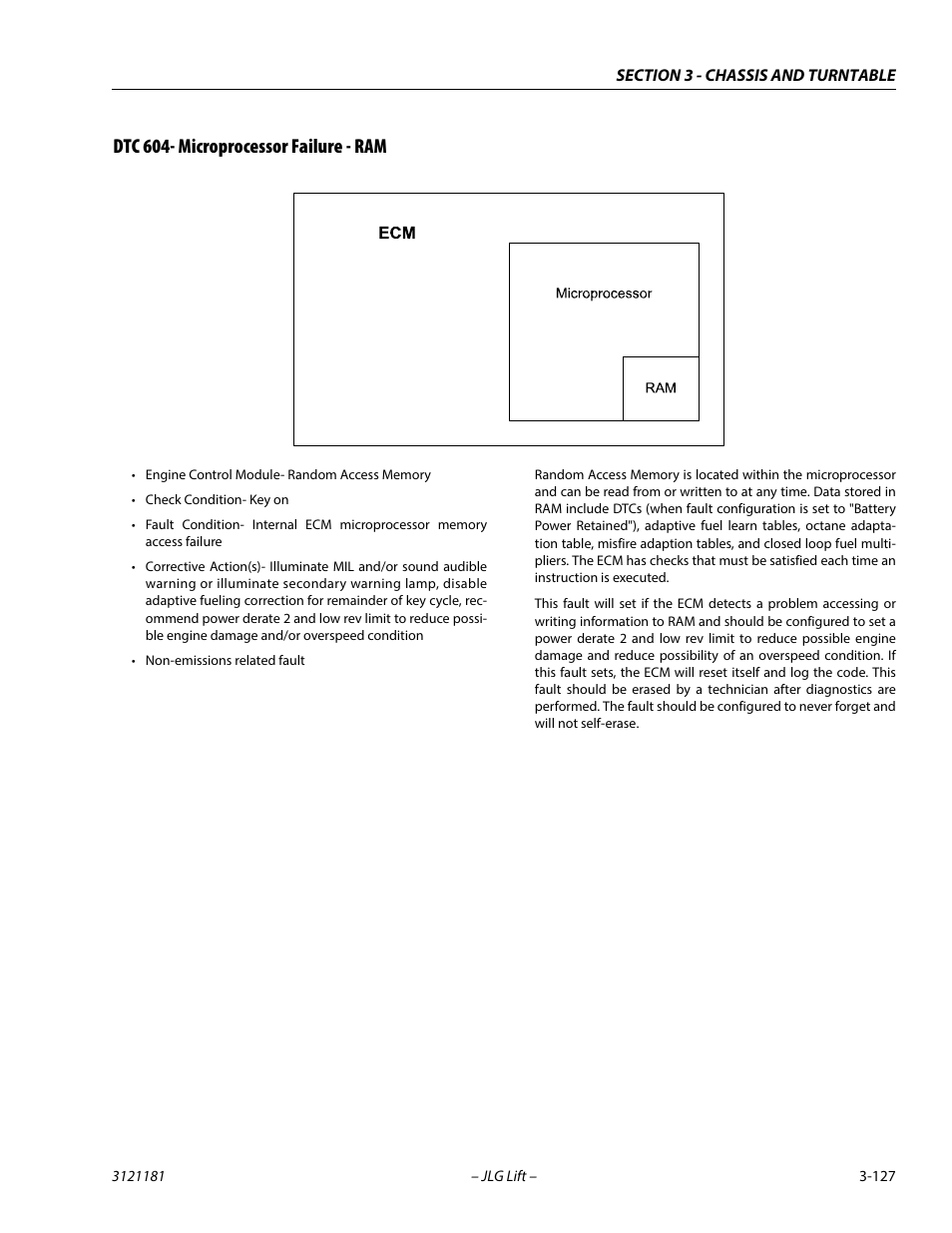 Dtc 604- microprocessor failure - ram, Dtc 604- microprocessor failure - ram -127 | JLG 510AJ Service Manual User Manual | Page 169 / 402