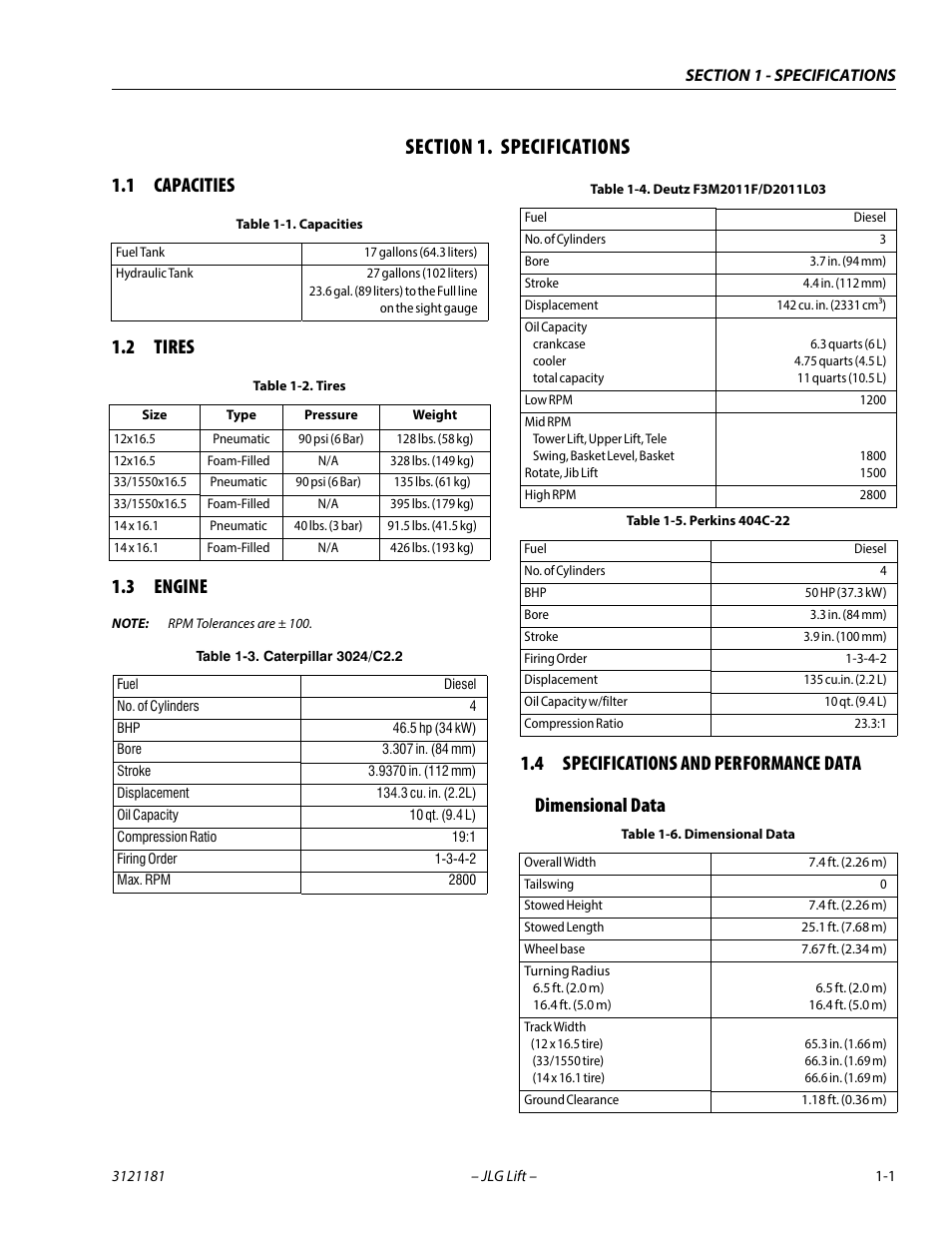 Section 1. specifications, 1 capacities, 2 tires | 3 engine, 4 specifications and performance data, Dimensional data, Section, 1 - specifications, Capacities -1, Tires -1 | JLG 510AJ Service Manual User Manual | Page 17 / 402