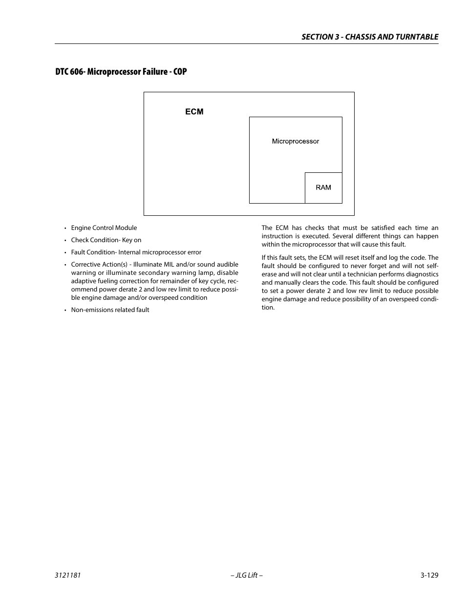 Dtc 606- microprocessor failure - cop, Dtc 606- microprocessor failure - cop -129 | JLG 510AJ Service Manual User Manual | Page 171 / 402