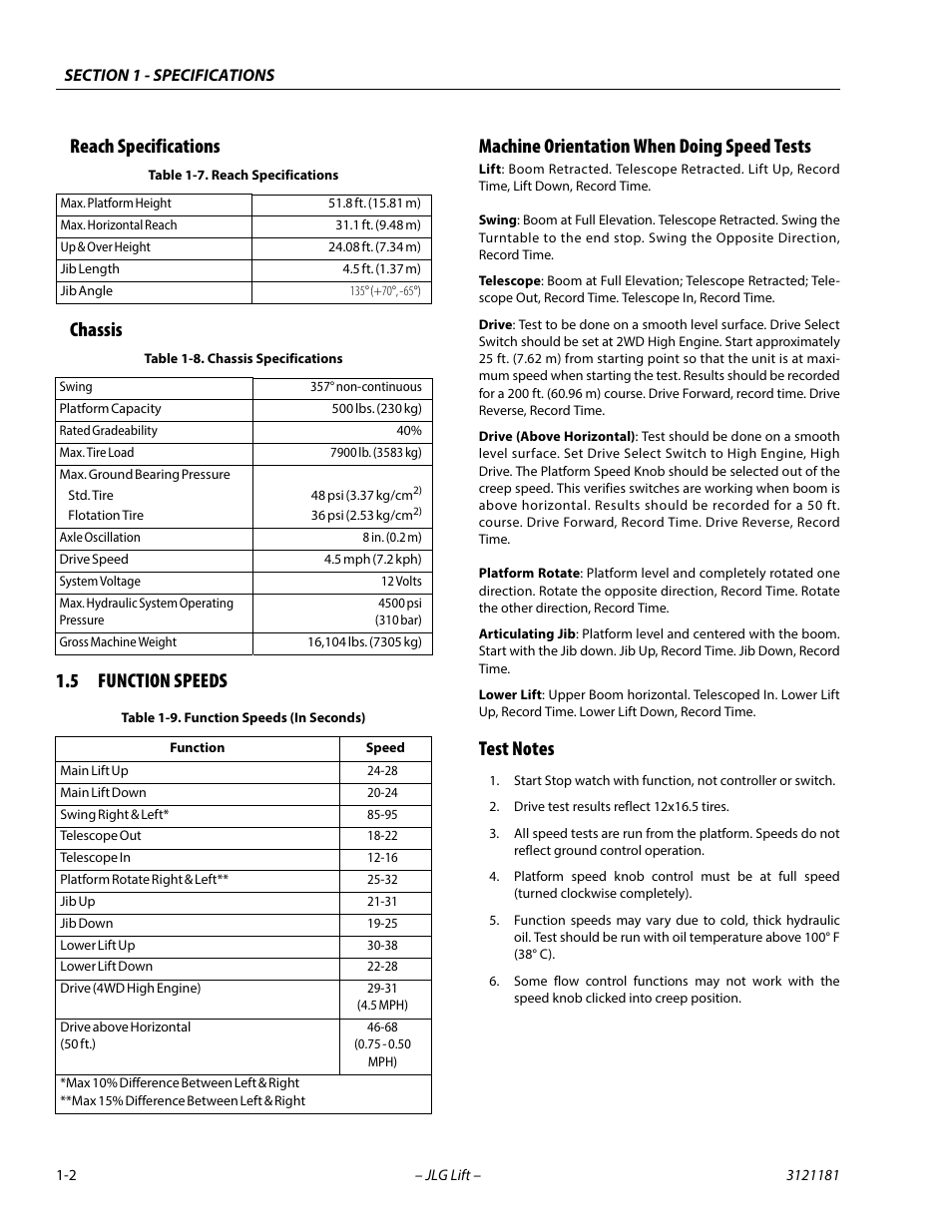 Reach specifications, Chassis, 5 function speeds | Machine orientation when doing speed tests, Test notes, Reach specifications -2 chassis -2, Function speeds -2, Reach specifications -2, Chassis specifications -2, Function speeds (in seconds) -2 | JLG 510AJ Service Manual User Manual | Page 18 / 402