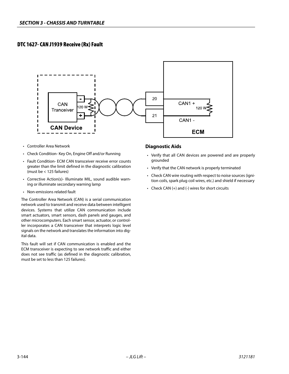 Dtc 1627- can j1939 receive (rx) fault, Dtc 1627- can j1939 receive (rx) fault -144 | JLG 510AJ Service Manual User Manual | Page 186 / 402