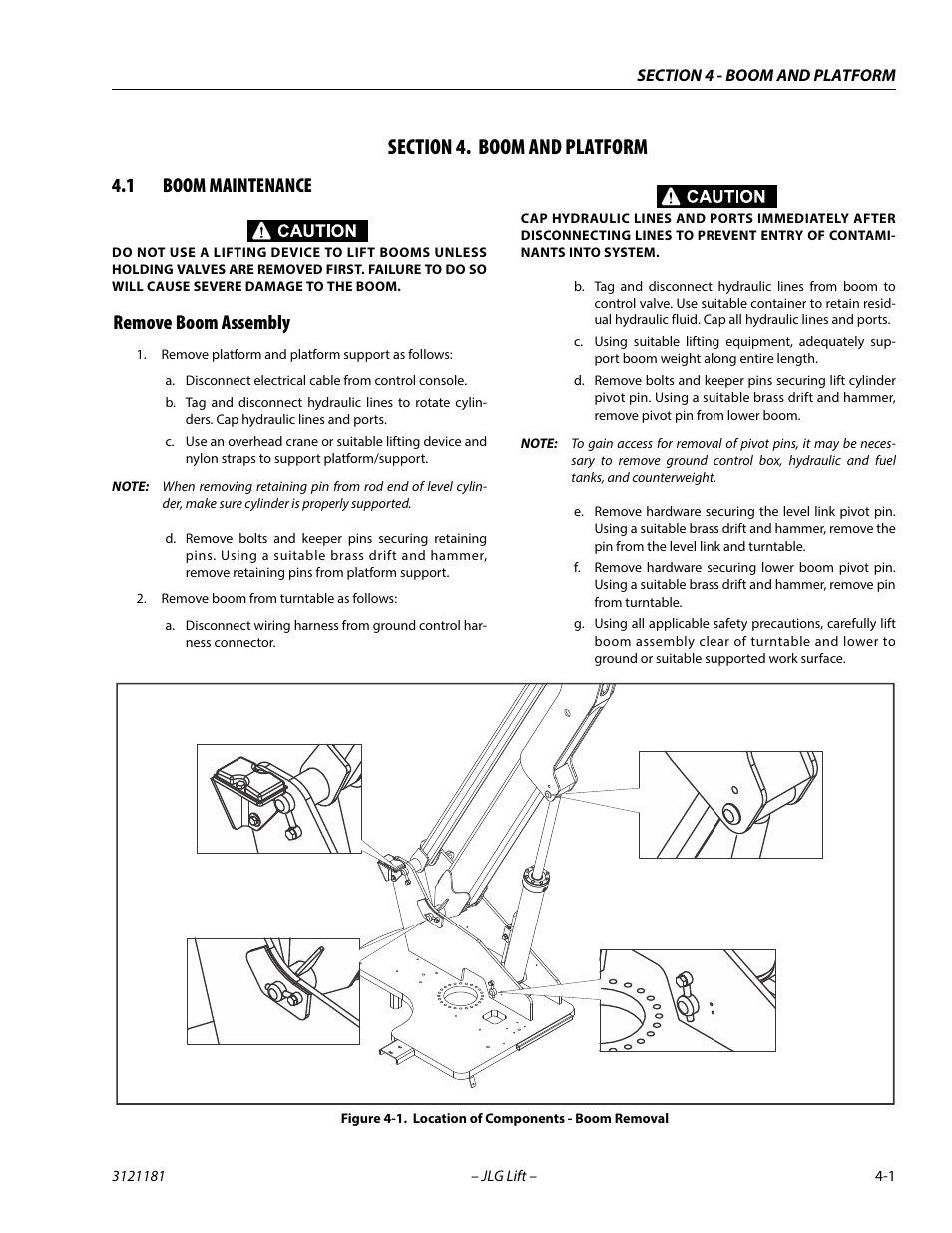 Section 4. boom and platform, 1 boom maintenance, Remove boom assembly | Section, 4 - boom and platform, Boom maintenance -1, Remove boom assembly -1, Location of components - boom removal -1 | JLG 510AJ Service Manual User Manual | Page 199 / 402