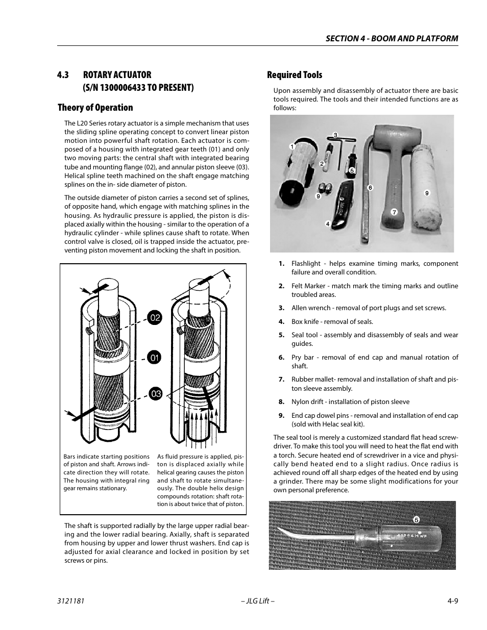 3 rotary actuator (s/n 1300006433 to present), Theory of operation, Required tools | Rotary actuator, S/n 1300006433 to present)4-9, Theory of operation -9 required tools -9 | JLG 510AJ Service Manual User Manual | Page 207 / 402