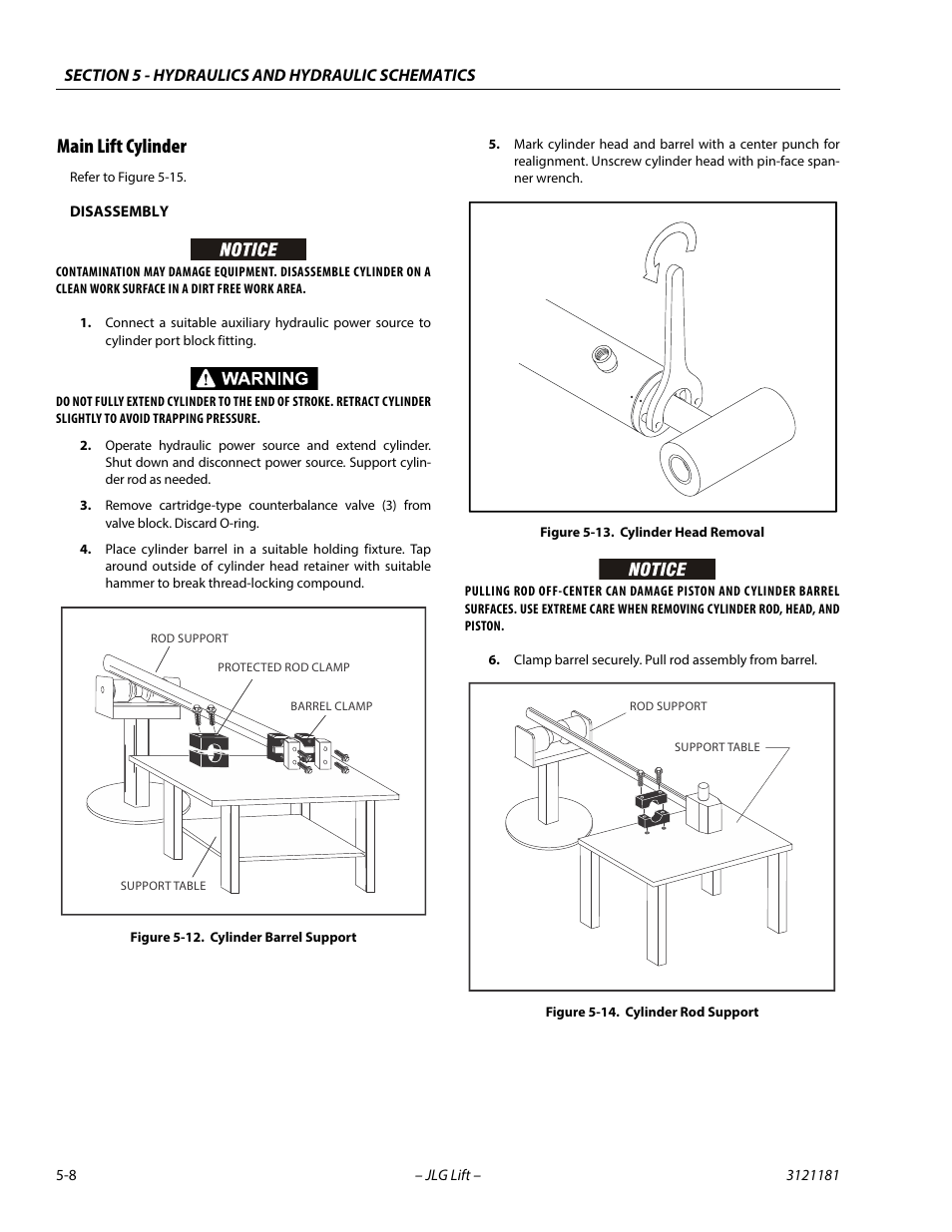 Main lift cylinder, Main lift cylinder -8, Cylinder barrel support -8 | Cylinder head removal -8, Cylinder rod support -8 | JLG 510AJ Service Manual User Manual | Page 228 / 402