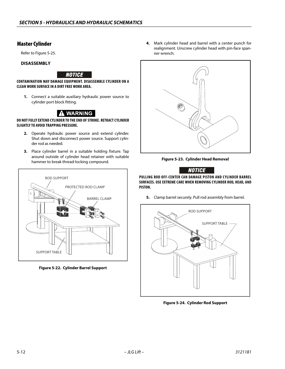 Master cylinder, Master cylinder -12, Cylinder barrel support -12 | Cylinder head removal -12, Cylinder rod support -12 | JLG 510AJ Service Manual User Manual | Page 232 / 402