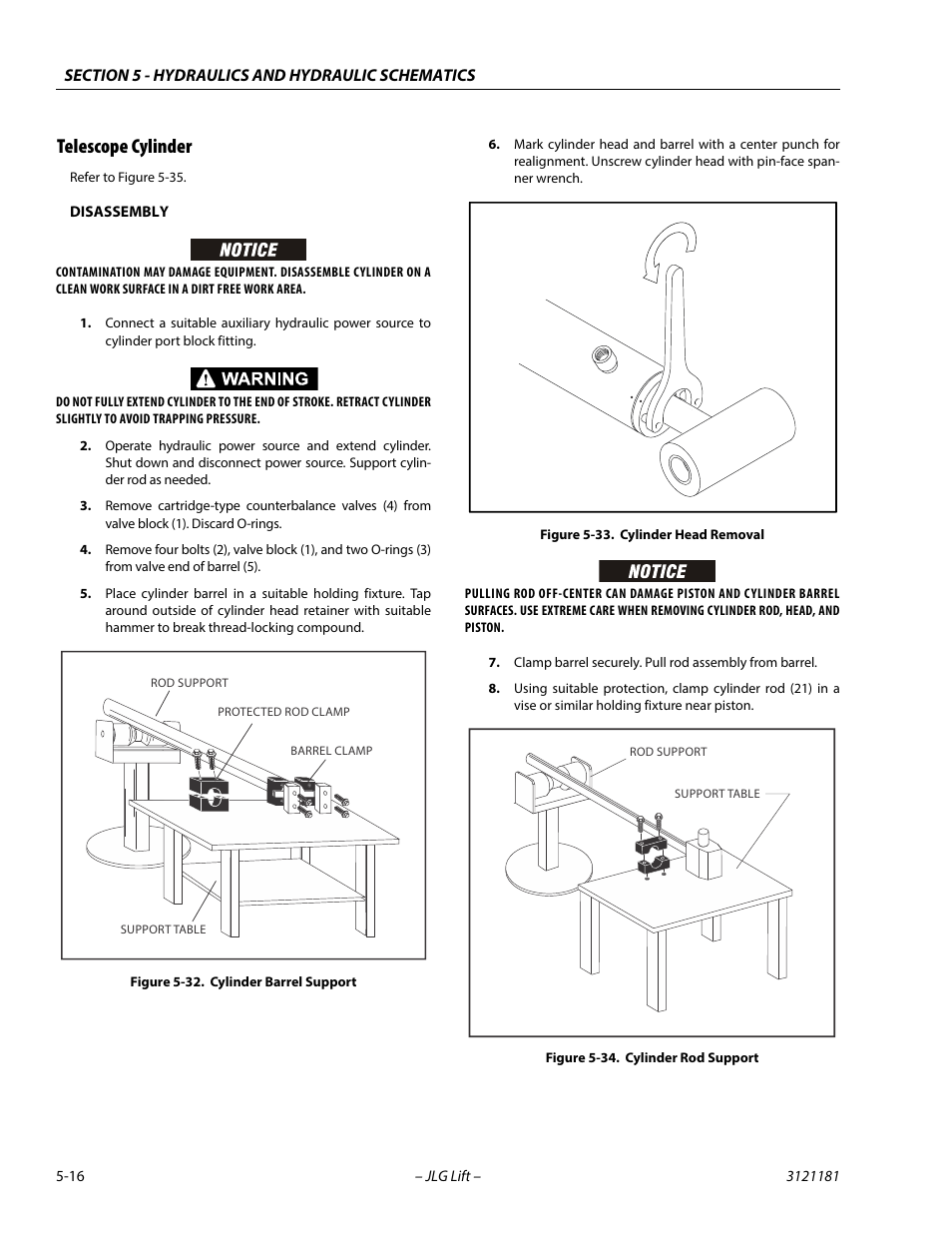 Telescope cylinder, Telescope cylinder -16, Cylinder barrel support -16 | Cylinder head removal -16, Cylinder rod support -16 | JLG 510AJ Service Manual User Manual | Page 236 / 402