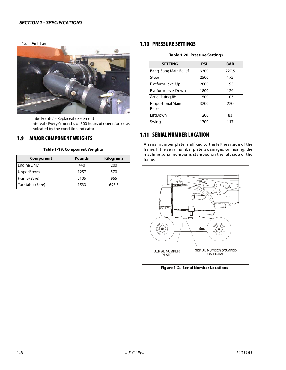 9 major component weights, 10 pressure settings, 11 serial number location | Major component weights -8, Pressure settings -8, Serial number location -8, Serial number locations -8, Component weights -8 | JLG 510AJ Service Manual User Manual | Page 24 / 402