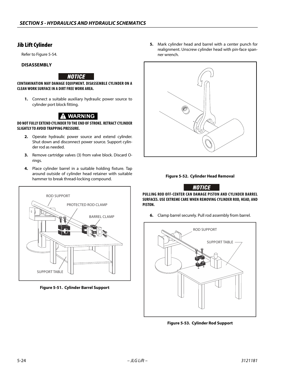 Jib lift cylinder, Jib lift cylinder -24, Cylinder barrel support -24 | Cylinder head removal -24, Cylinder rod support -24 | JLG 510AJ Service Manual User Manual | Page 244 / 402