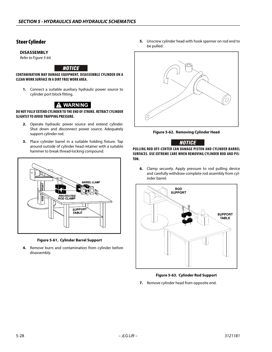 Steer cylinder, Steer cylinder -28, Cylinder barrel support -28 | Removing cylinder head -28, Cylinder rod support -28 | JLG 510AJ Service Manual User Manual | Page 248 / 402