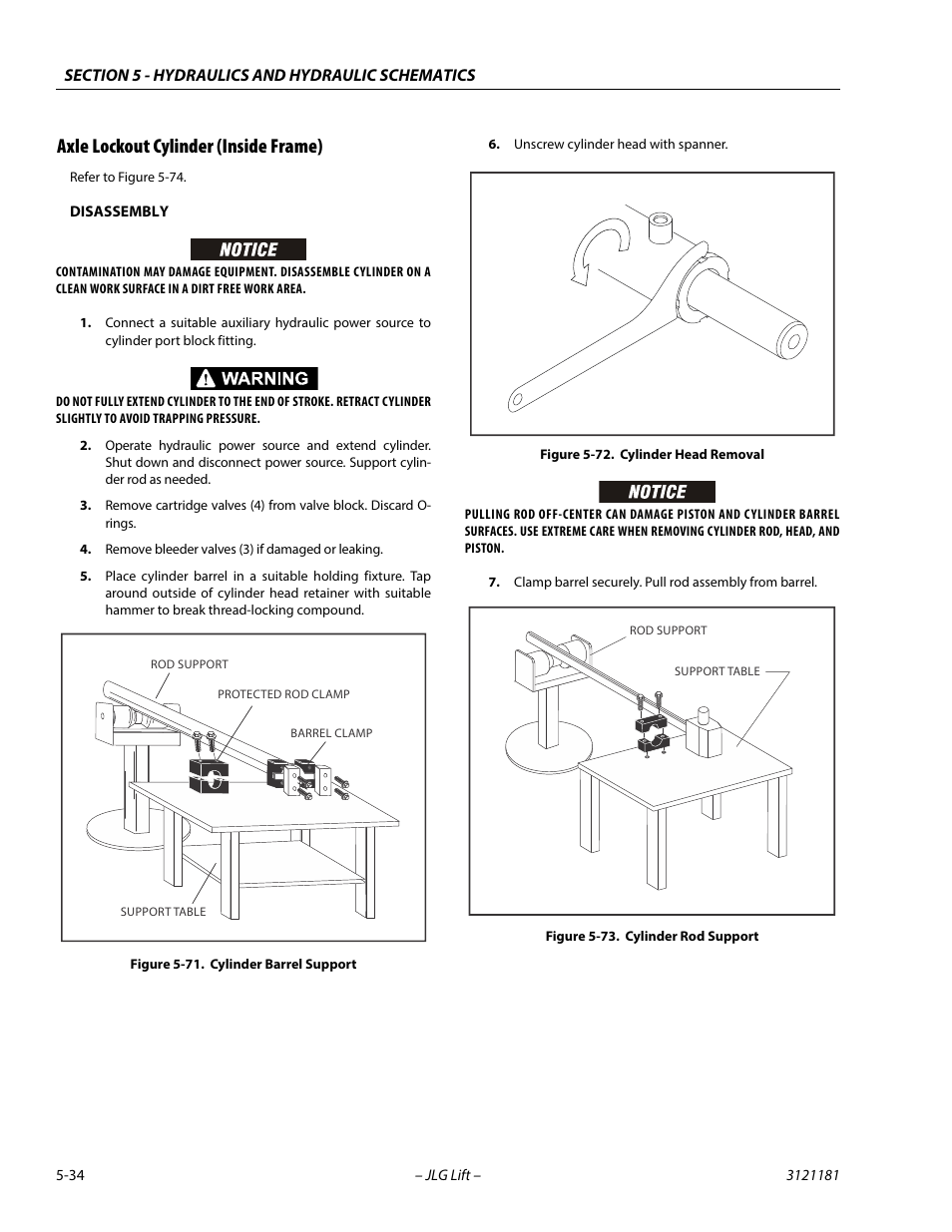 Axle lockout cylinder (inside frame), Axle lockout cylinder (inside frame) -34, Cylinder barrel support -34 | Cylinder head removal -34, Cylinder rod support -34 | JLG 510AJ Service Manual User Manual | Page 254 / 402