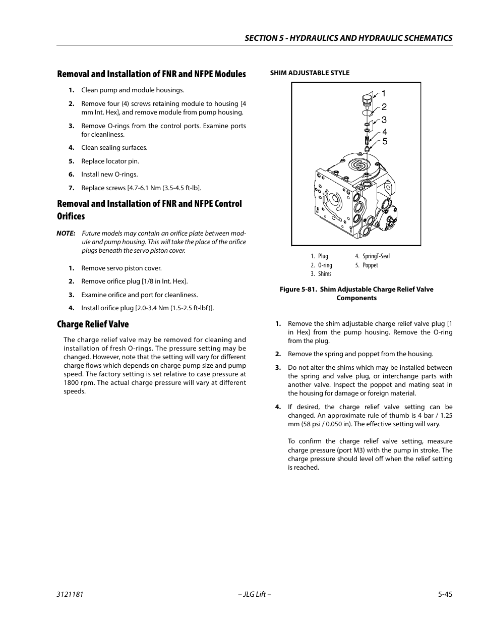 Removal and installation of fnr and nfpe modules, Charge relief valve, Shim adjustable charge relief valve components -45 | JLG 510AJ Service Manual User Manual | Page 265 / 402