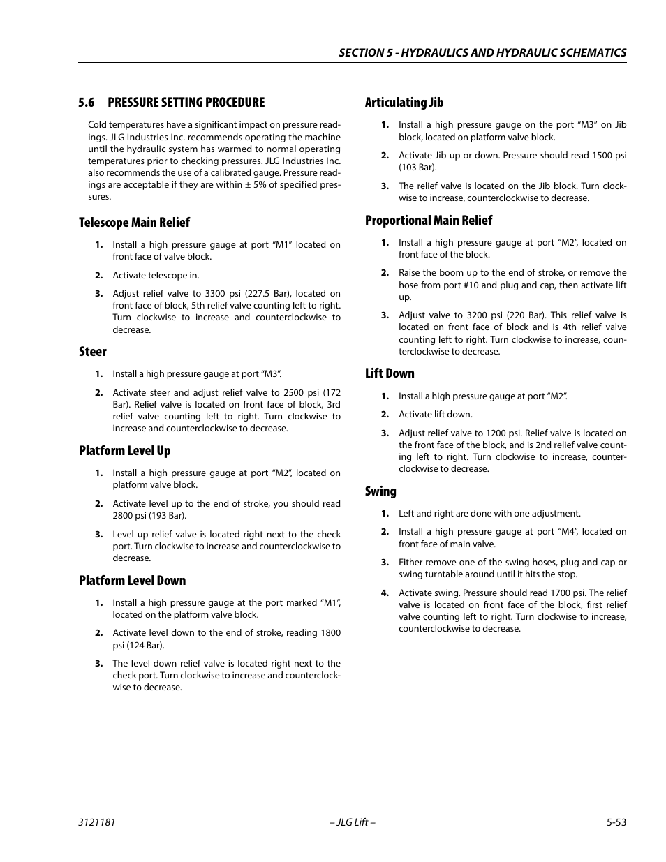 6 pressure setting procedure, Telescope main relief, Steer | Platform level up, Platform level down, Articulating jib, Proportional main relief, Lift down, Swing, Pressure setting procedure -53 | JLG 510AJ Service Manual User Manual | Page 273 / 402