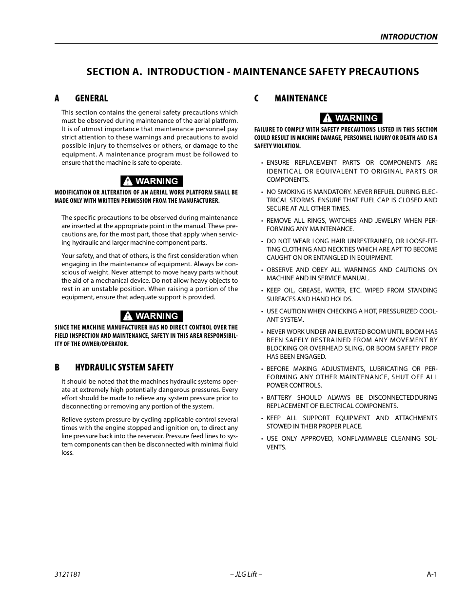 A general, B hydraulic system safety, C maintenance | Ageneral, Bhydraulic system safety, Cmaintenance | JLG 510AJ Service Manual User Manual | Page 3 / 402