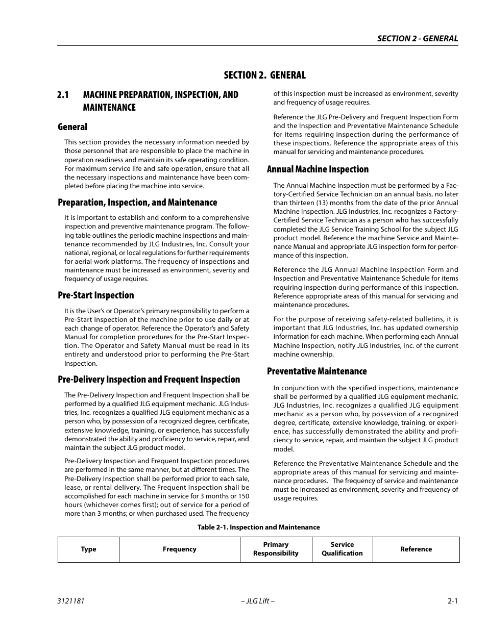 Section 2. general, 1 machine preparation, inspection, and maintenance, General | Preparation, inspection, and maintenance, Pre-start inspection, Pre-delivery inspection and frequent inspection, Annual machine inspection, Preventative maintenance, Section, 2 - general | JLG 510AJ Service Manual User Manual | Page 31 / 402