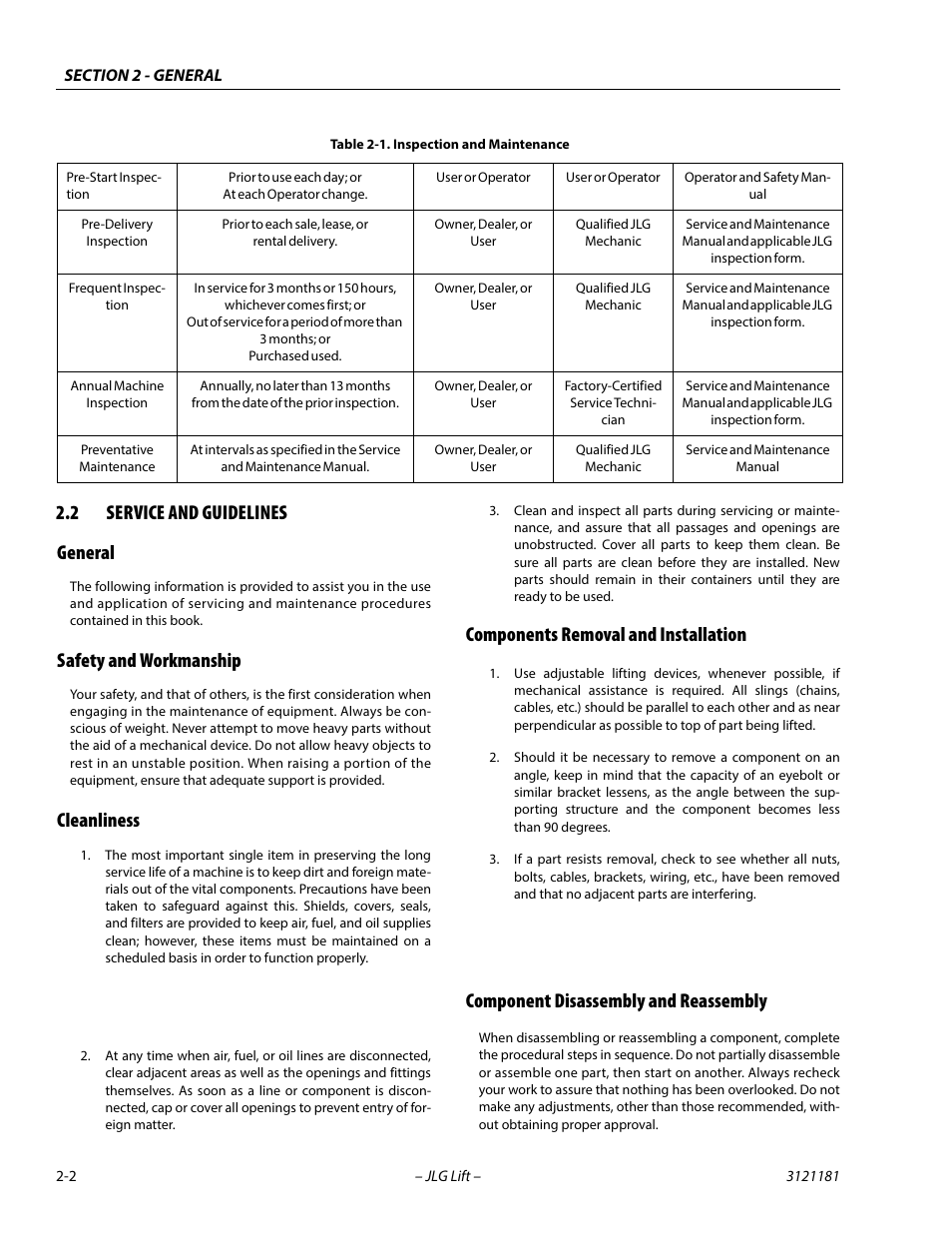 2 service and guidelines, General, Safety and workmanship | Cleanliness, Components removal and installation, Component disassembly and reassembly, Service and guidelines -2, 2 service and guidelines general | JLG 510AJ Service Manual User Manual | Page 32 / 402