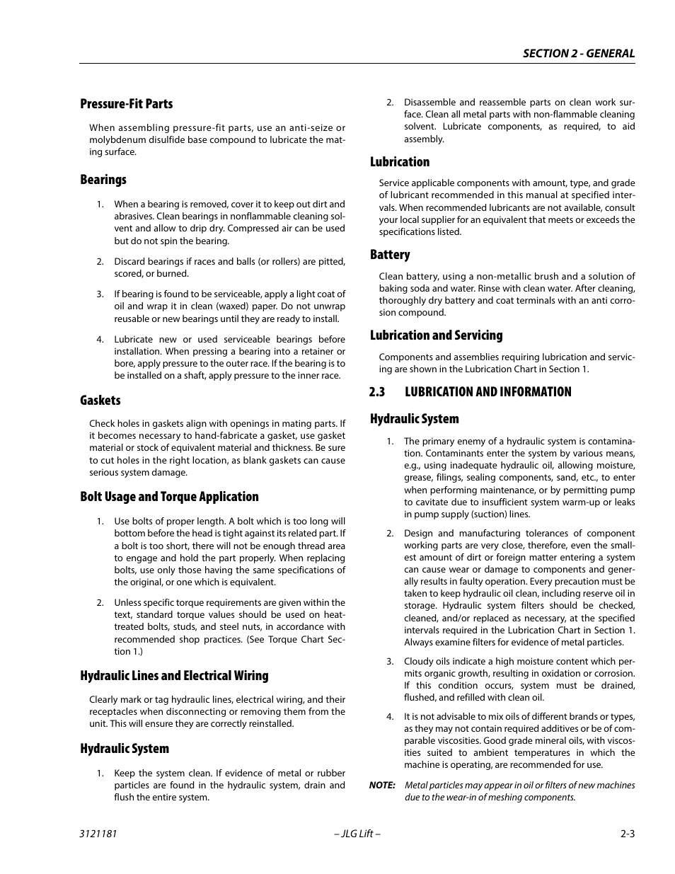 Pressure-fit parts, Bearings, Gaskets | Bolt usage and torque application, Hydraulic lines and electrical wiring, Hydraulic system, Lubrication, Battery, Lubrication and servicing, 3 lubrication and information | JLG 510AJ Service Manual User Manual | Page 33 / 402