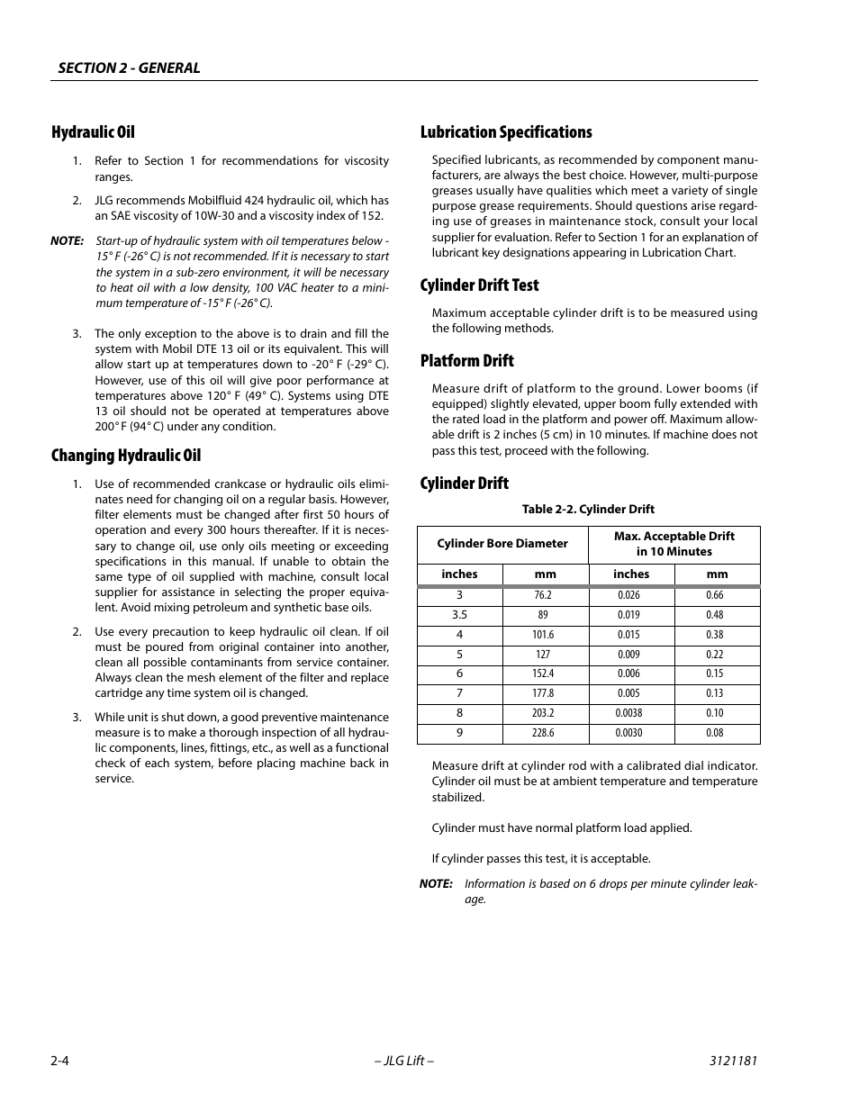 Hydraulic oil, Changing hydraulic oil, Lubrication specifications | Cylinder drift test, Platform drift, Cylinder drift, Cylinder drift -4 | JLG 510AJ Service Manual User Manual | Page 34 / 402