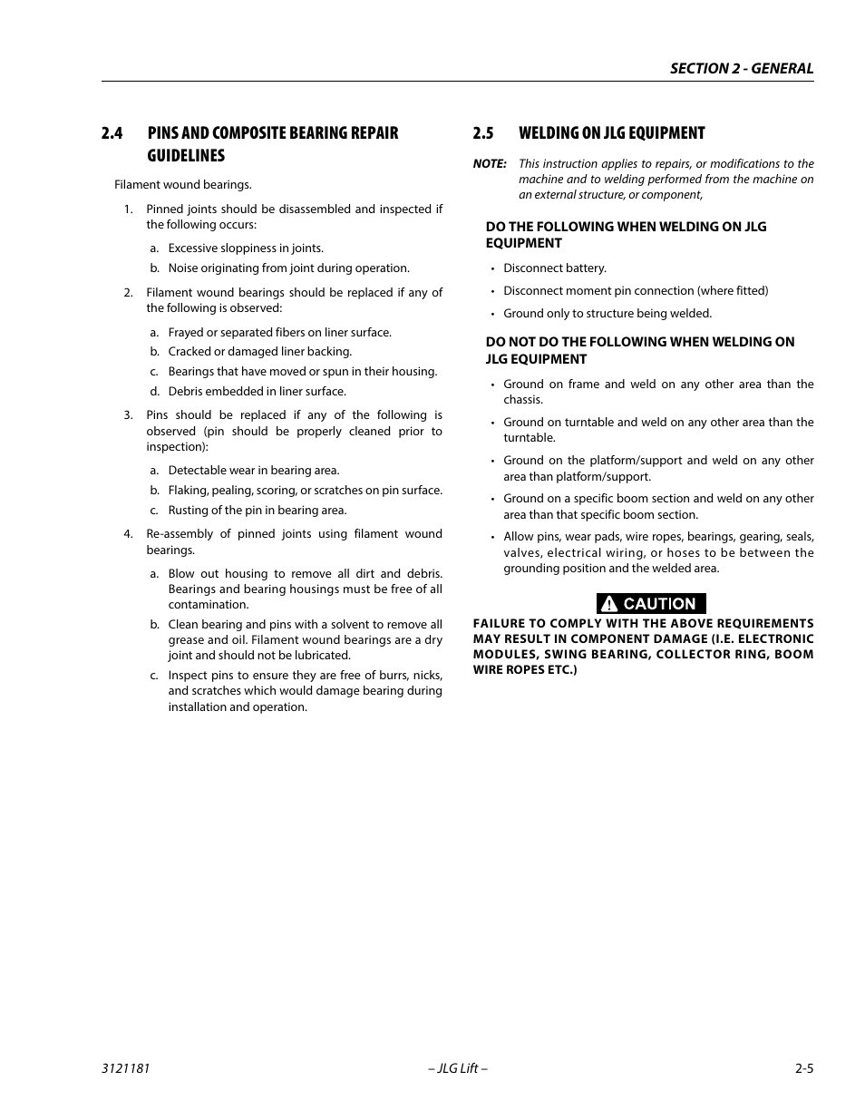 4 pins and composite bearing repair guidelines, 5 welding on jlg equipment, Pins and composite bearing repair guidelines -5 | Welding on jlg equipment -5 | JLG 510AJ Service Manual User Manual | Page 35 / 402