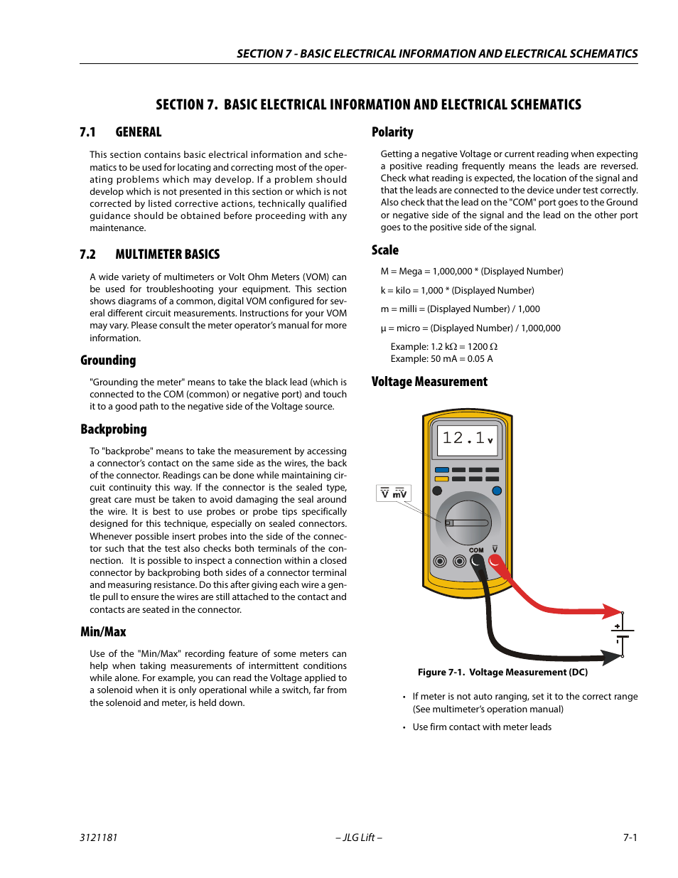 1 general, 2 multimeter basics, Grounding | Backprobing, Min/max, Polarity, Scale, Voltage measurement, Section, General -1 | JLG 510AJ Service Manual User Manual | Page 373 / 402