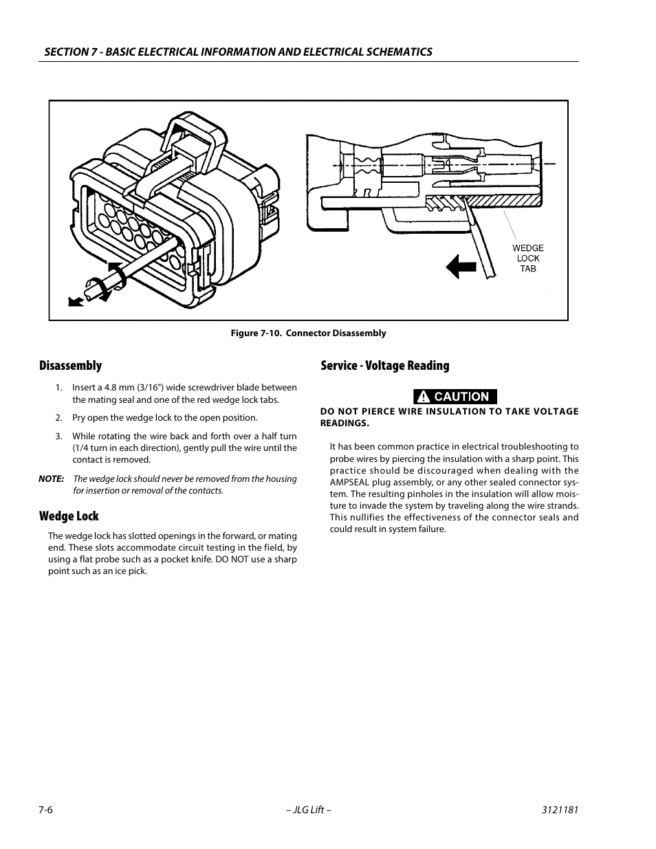 Disassembly, Wedge lock, Service - voltage reading | Connector disassembly -6 | JLG 510AJ Service Manual User Manual | Page 378 / 402