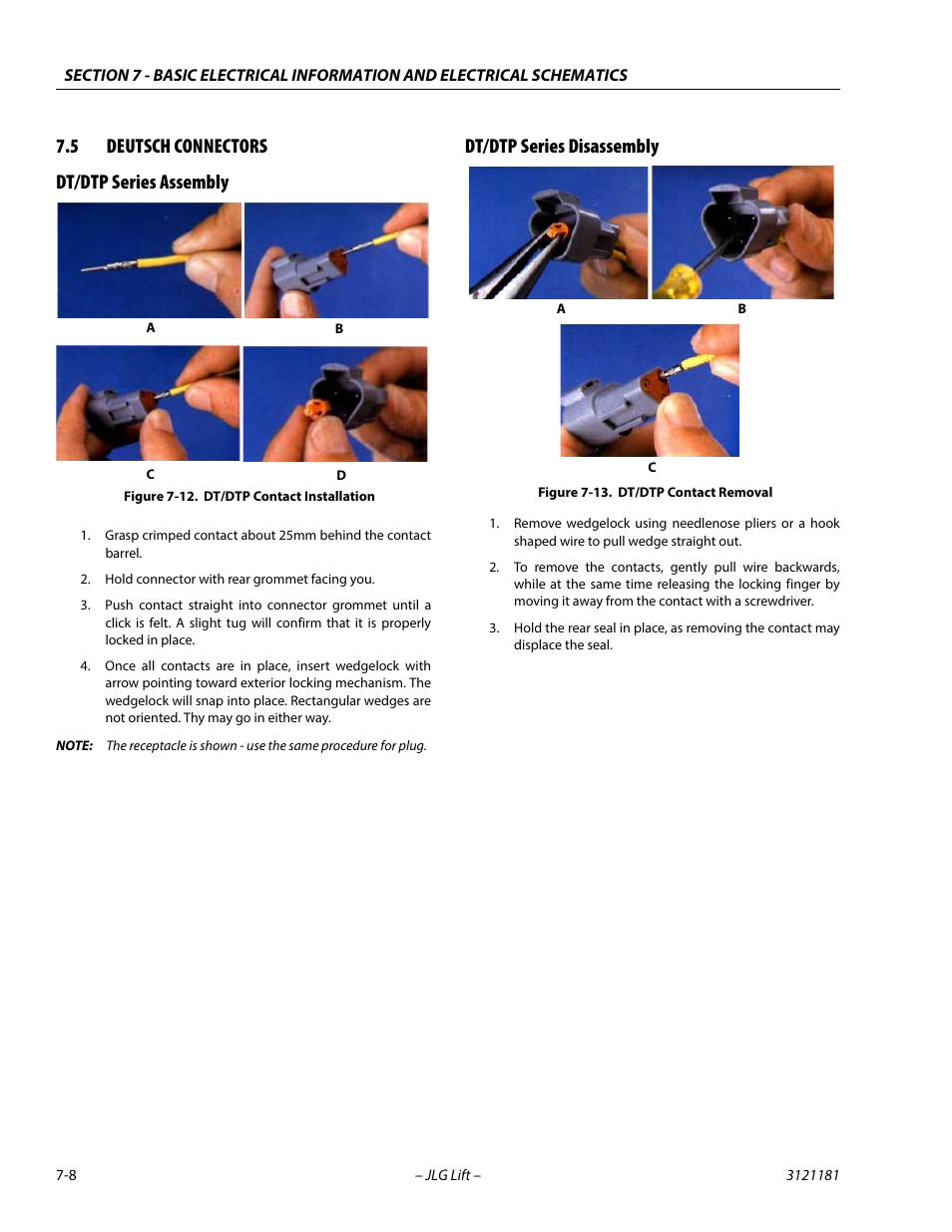 5 deutsch connectors, Dt/dtp series assembly, Dt/dtp series disassembly | Deutsch connectors -8, Dt/dtp contact installation -8, Dt/dtp contact removal -8, 5 deutsch connectors dt/dtp series assembly | JLG 510AJ Service Manual User Manual | Page 380 / 402