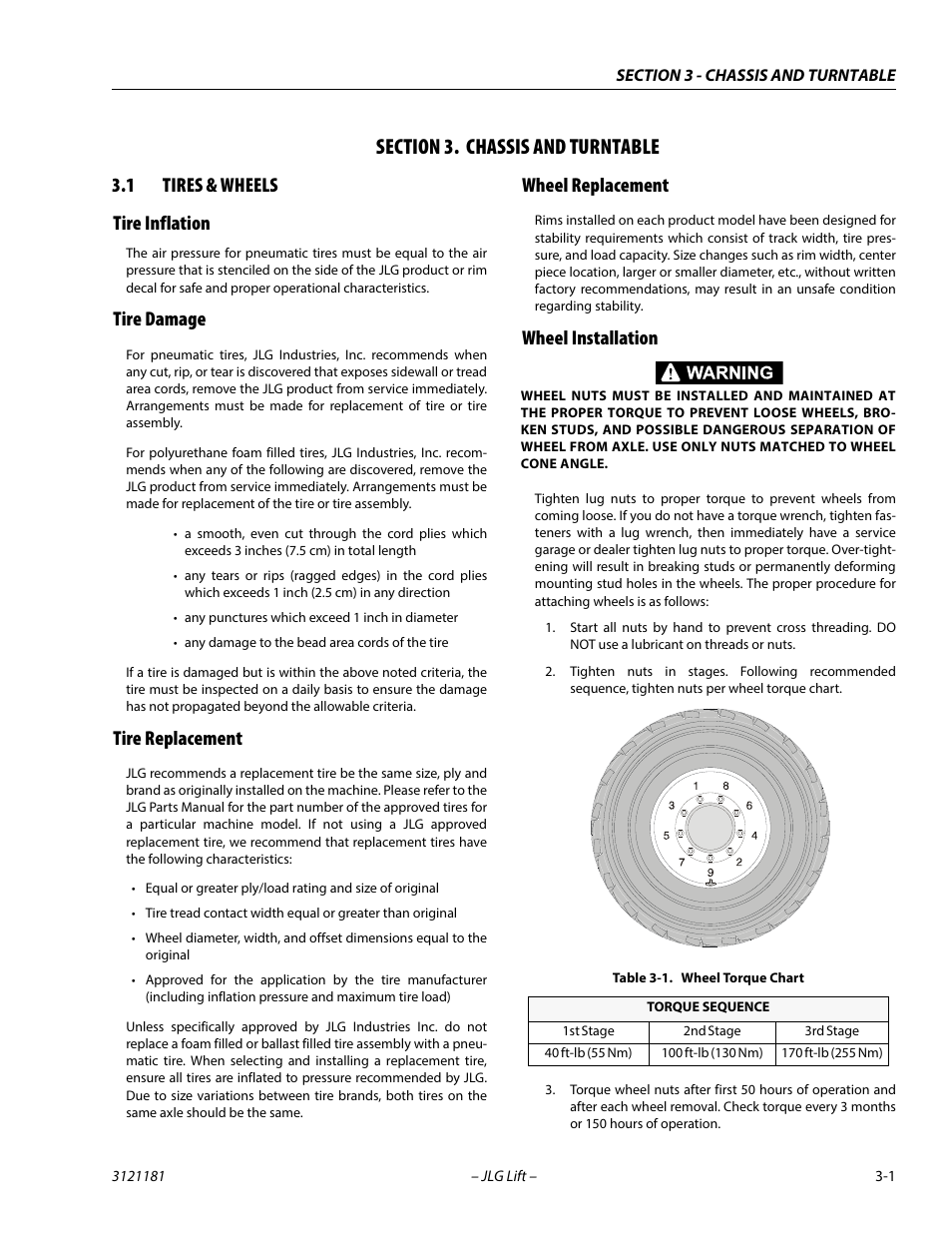 Section 3. chassis and turntable, 1 tires & wheels, Tire inflation | Tire damage, Tire replacement, Wheel replacement, Wheel installation, Section, 3 - chassis and turntable, Tires & wheels -1 | JLG 510AJ Service Manual User Manual | Page 43 / 402