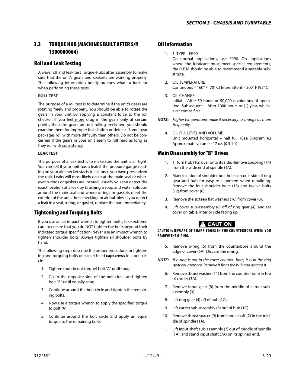 3 torque hub (machines built after s/n 1300000064), Roll and leak testing, Tightening and torquing bolts | Oil information, Main disassembly for ”b” drives | JLG 510AJ Service Manual User Manual | Page 71 / 402