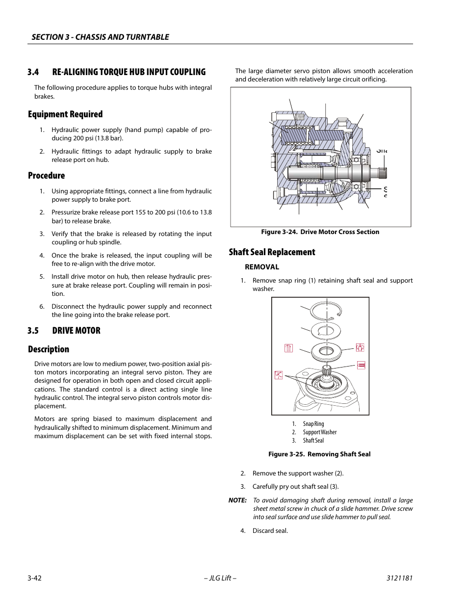 4 re-aligning torque hub input coupling, Equipment required, Procedure | 5 drive motor, Description, Shaft seal replacement, Re-aligning torque hub input coupling -42, Equipment required -42 procedure -42, Drive motor -42, Description -42 shaft seal replacement -42 | JLG 510AJ Service Manual User Manual | Page 84 / 402