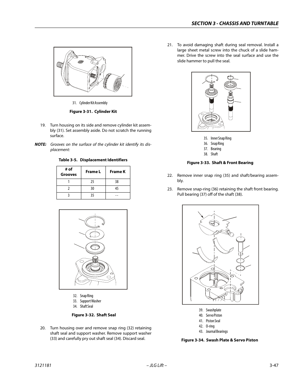 Cylinder kit -47, Shaft seal -47, Shaft & front bearing -47 | Swash plate & servo piston -47, Displacement identifiers -47 | JLG 510AJ Service Manual User Manual | Page 89 / 402