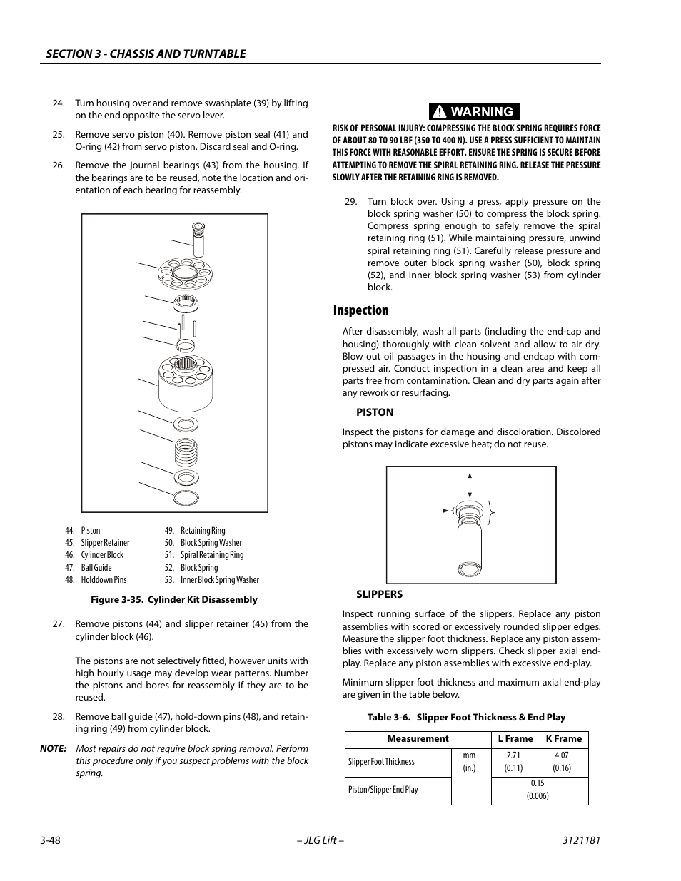 Inspection, Inspection -48, Cylinder kit disassembly -48 | Slipper foot thickness & end play -48 | JLG 510AJ Service Manual User Manual | Page 90 / 402